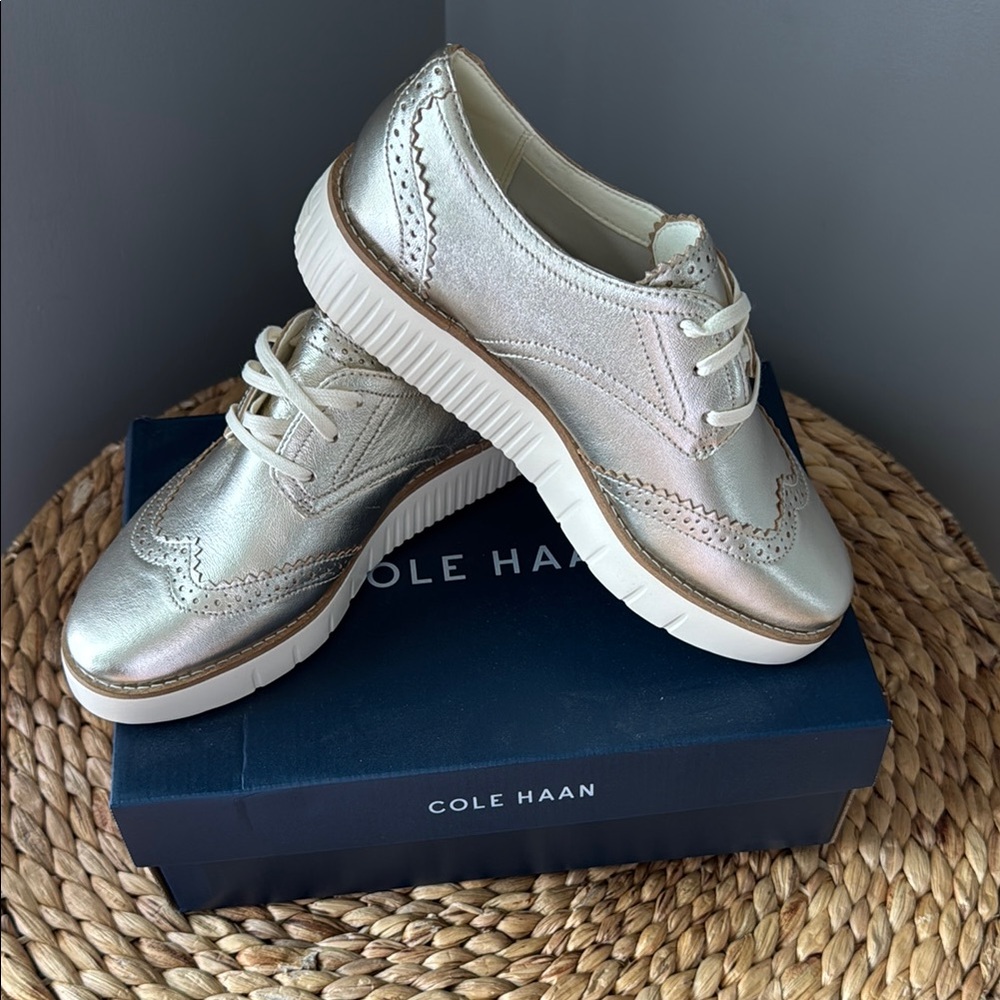 Cole Haan Light Gold Grand City Platform Oxfords